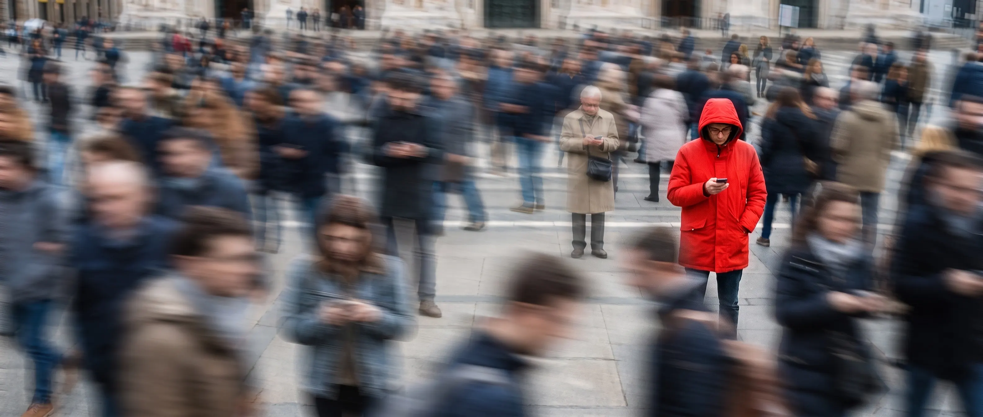 Menschenmenge auf einem Platz, in Bewegung verwischt — eine Person in roter Jacke steht still über ihrem Smartphone